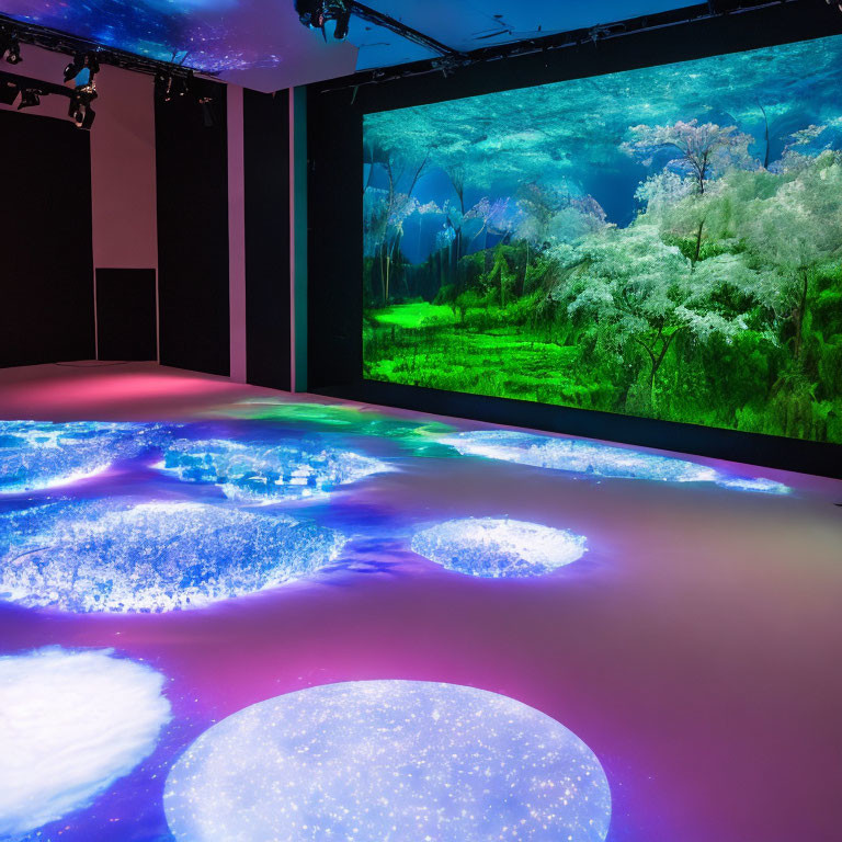 Vibrant forest projections and colorful floor patterns in digital art installation