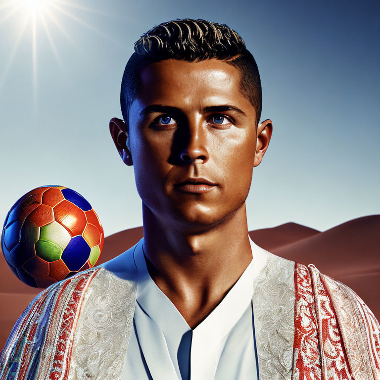 Stylized male figure with soccer ball in blue suit against desert backdrop