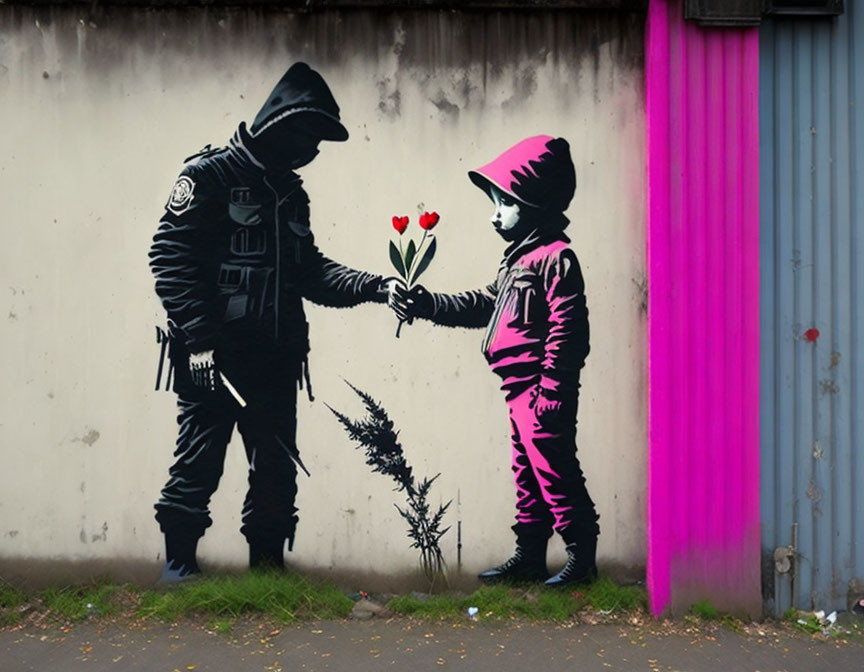Street art mural featuring child giving flowers to riot officer against pink streak.