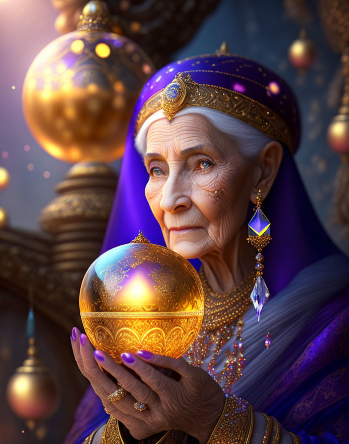 Elderly Woman in Regal Attire Holding Golden Orb amid Glowing Spheres