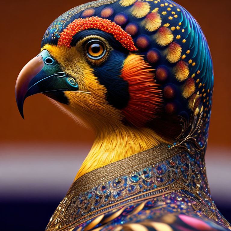 Colorful Digital Artwork: Bird with Avian and Textile Patterns