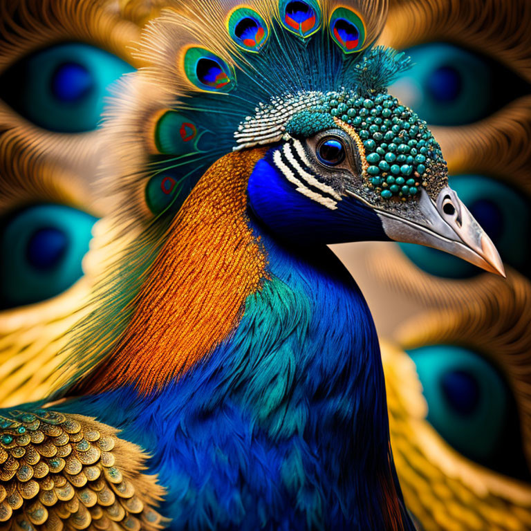 Close-up of a peacock showcasing vibrant blue and green plumage