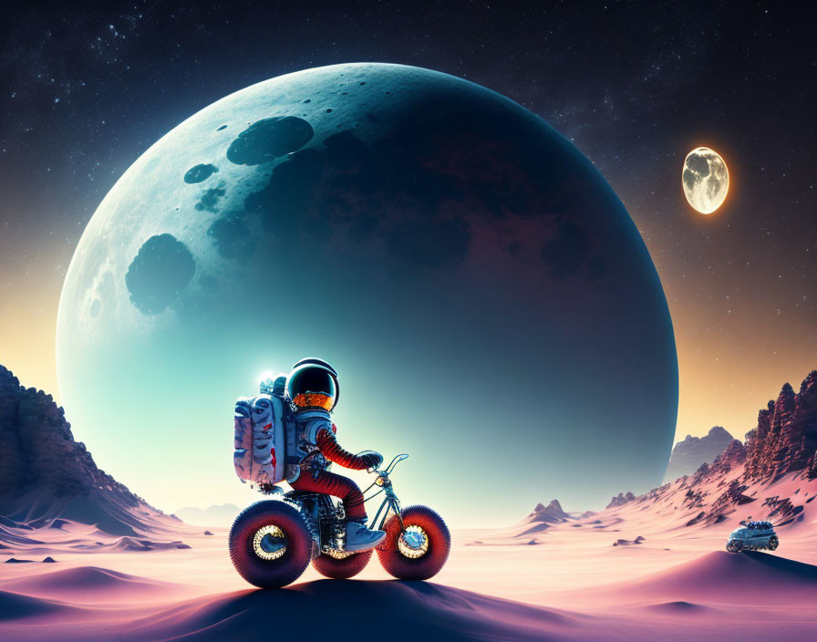Astronaut on Motorcycle in Alien Landscape with Moons