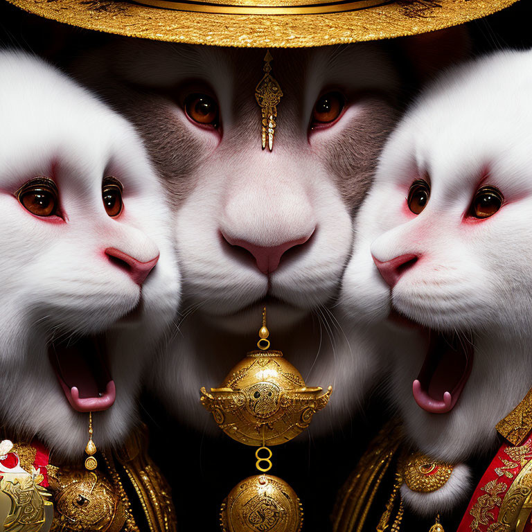 Digital Art: Stoic lion face surrounded by whimsical white rabbits