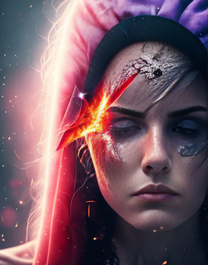 Woman with cracked glowing forehead in serious expression surrounded by lights and embers