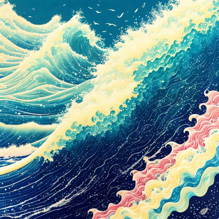 Vibrant blue and white waves with red and pink accents in artistic illustration