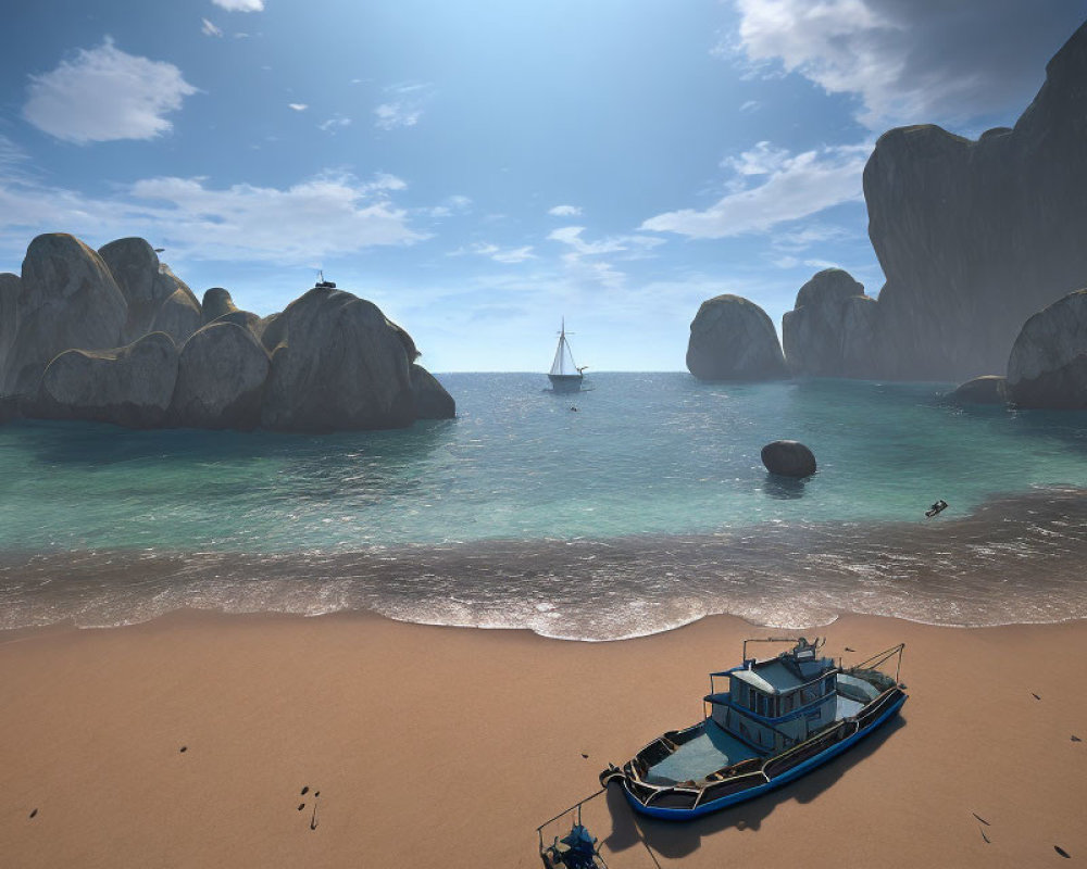 Tranquil beach scene with boat, yacht, and rocks in clear blue skies