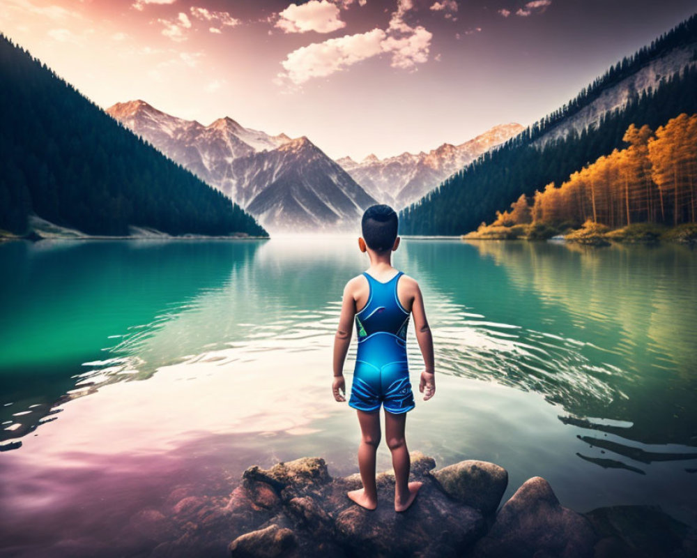 Child in swimsuit admires mountain lake in serene setting