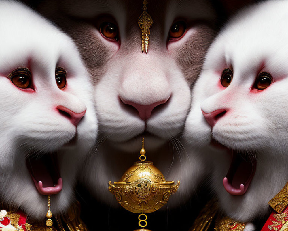 Digital Art: Stoic lion face surrounded by whimsical white rabbits