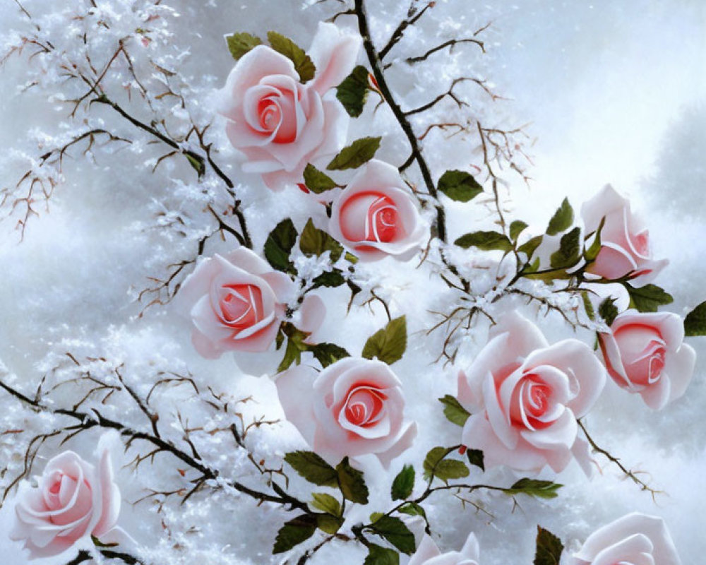Pink roses on snow-covered branch under wintry sky