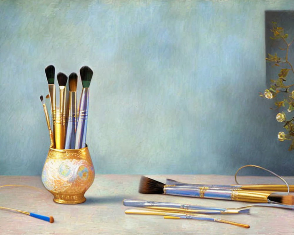 Assorted paintbrushes in golden cup on blue wall with plant art
