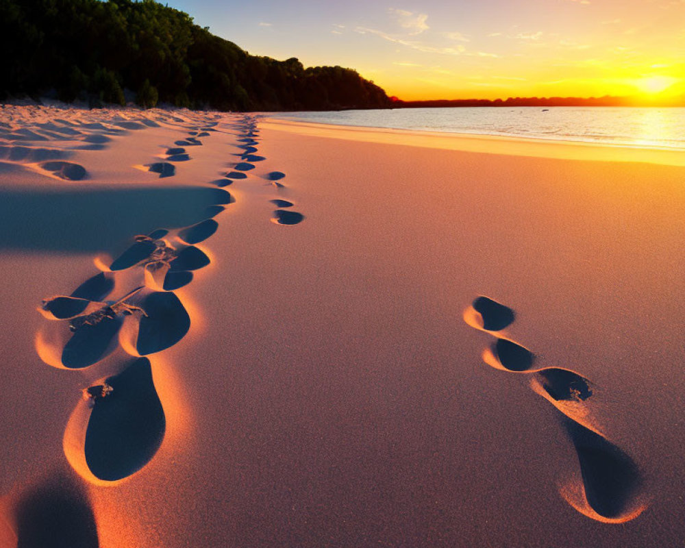 Tranquil sunset beach scene with footprints on sand