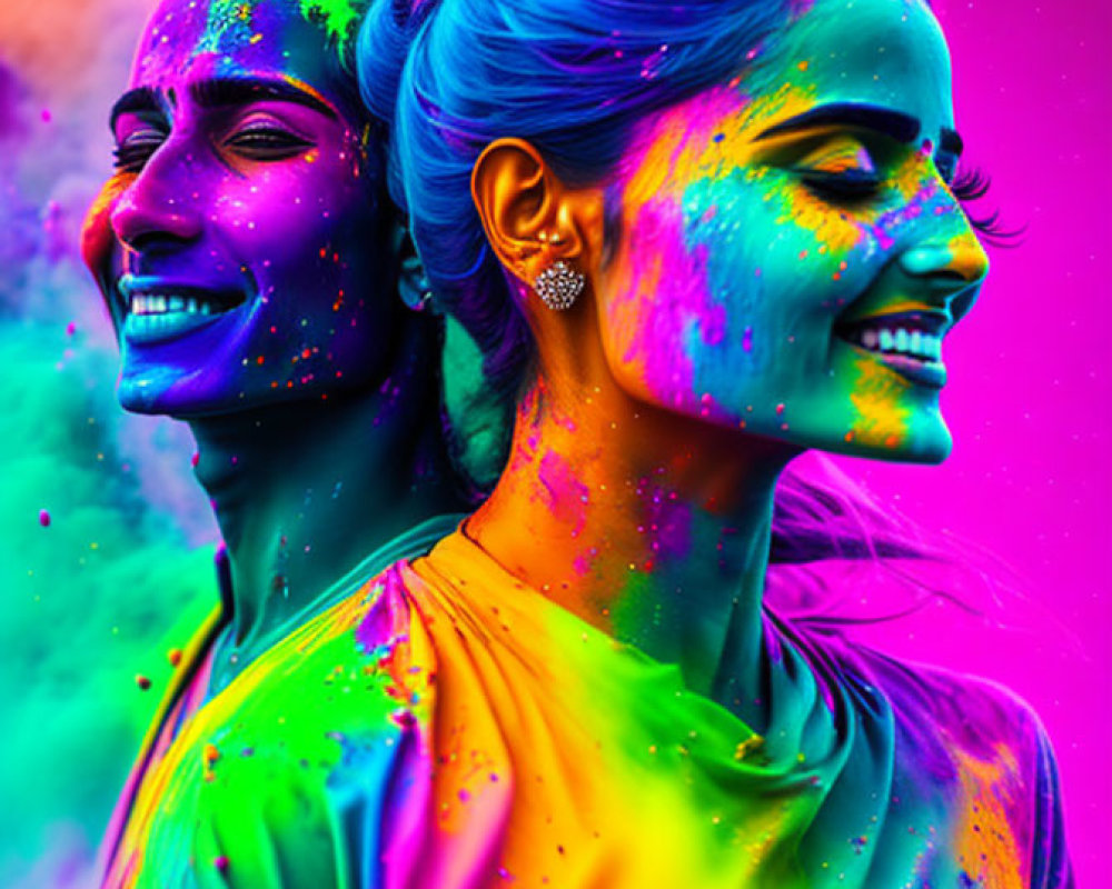 Two women with vibrant colored powder on their faces in festive setting