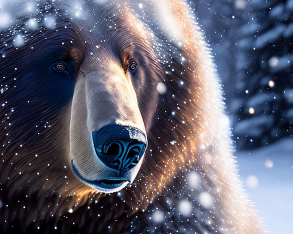 Brown bear's face in snowy environment with falling snowflakes