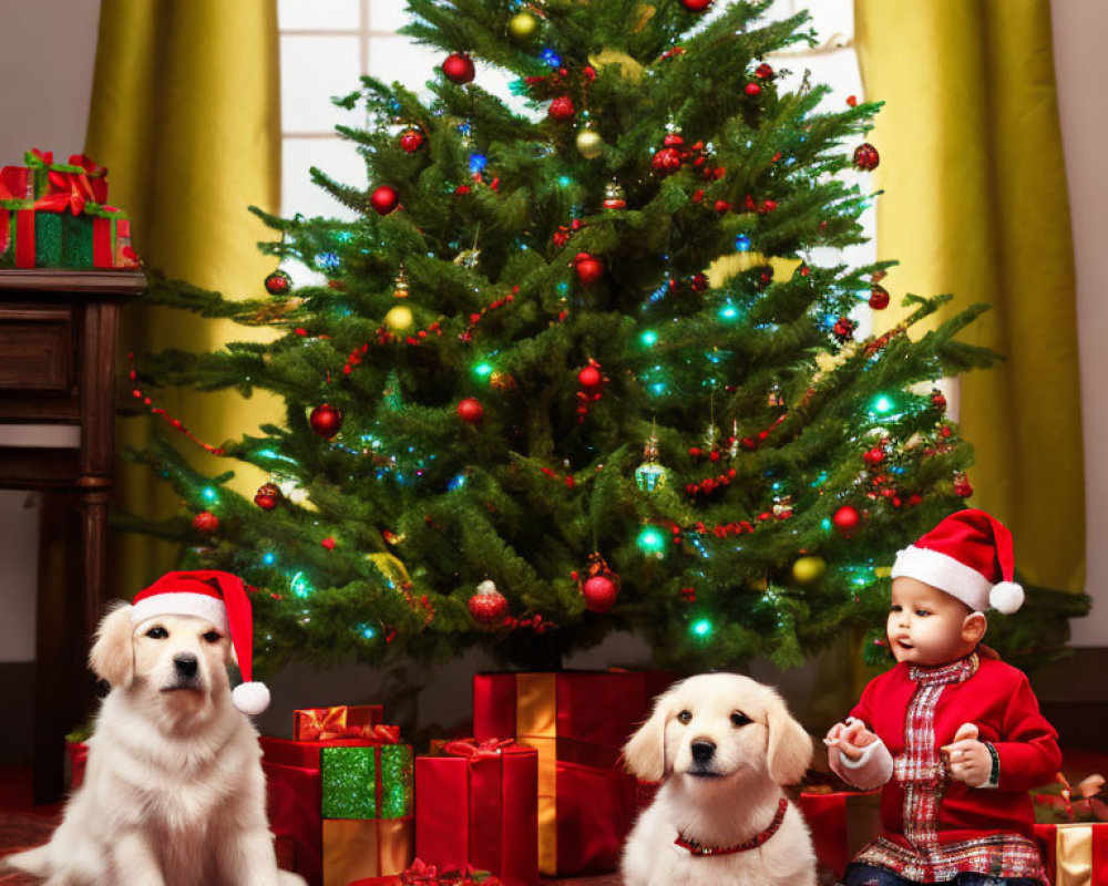 Child, Santa hat, two dogs in Christmas attire by decorated tree with gifts