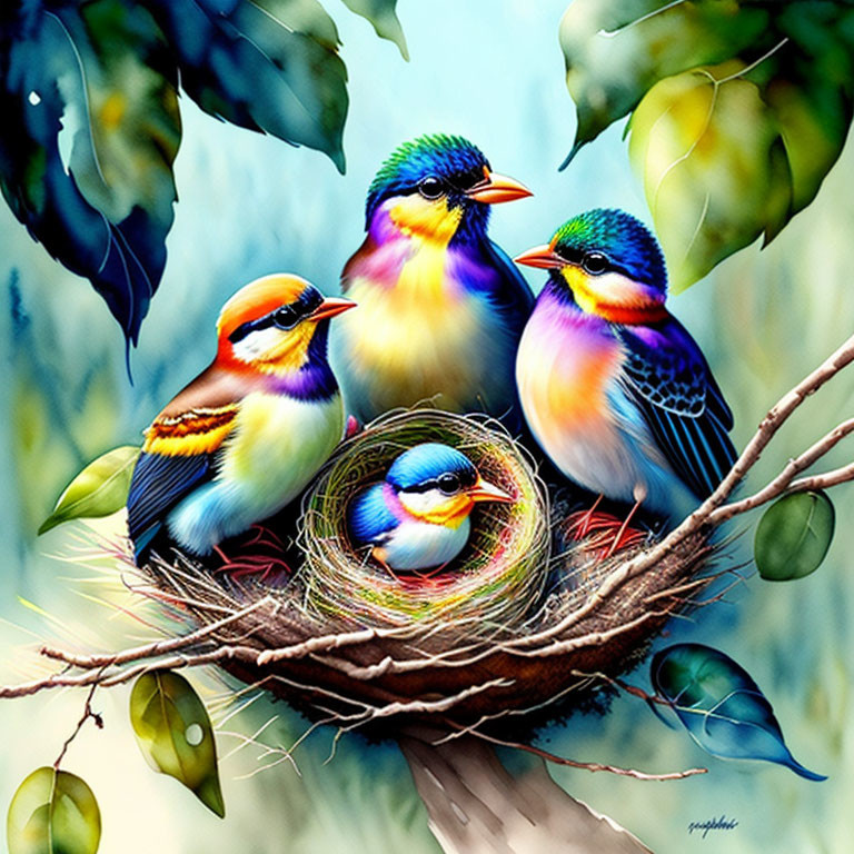 Colorful Birds Nestled in Green Foliage with Soft Light
