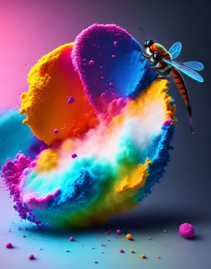 Colorful dragonfly on vibrant powdered pigments with purple to blue backdrop