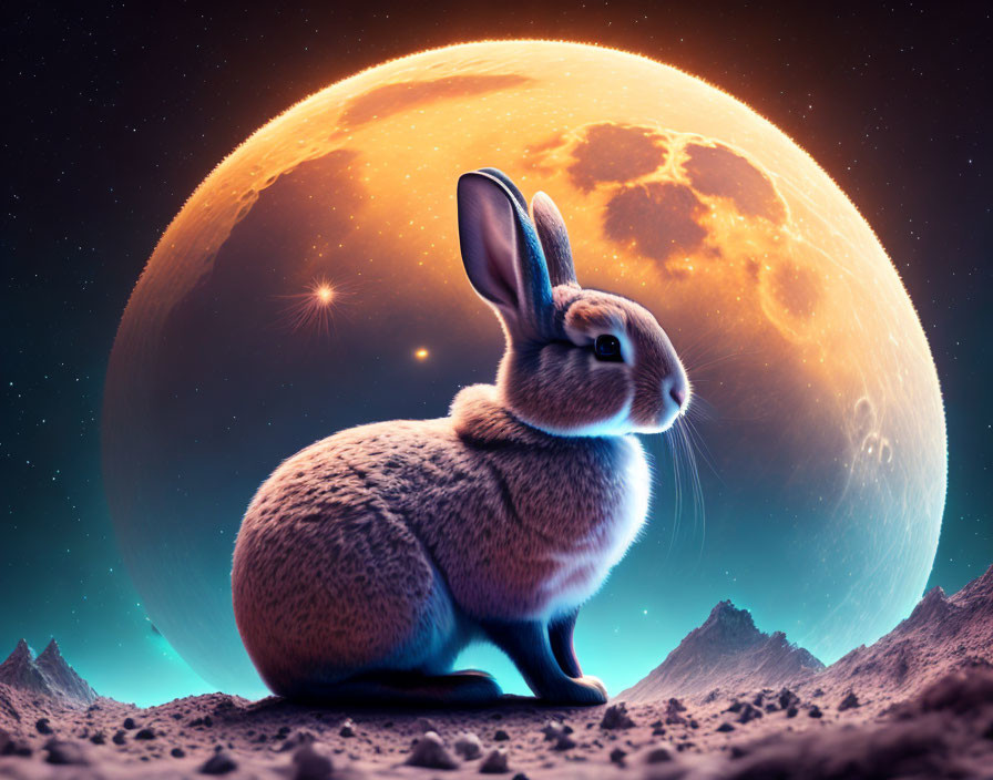 Rabbit on surreal lunar landscape with massive glowing moon