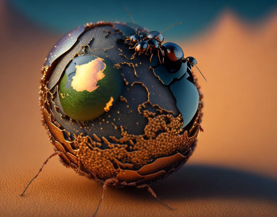 Detailed Ants on Textured Spherical Planet with Amber Mountains