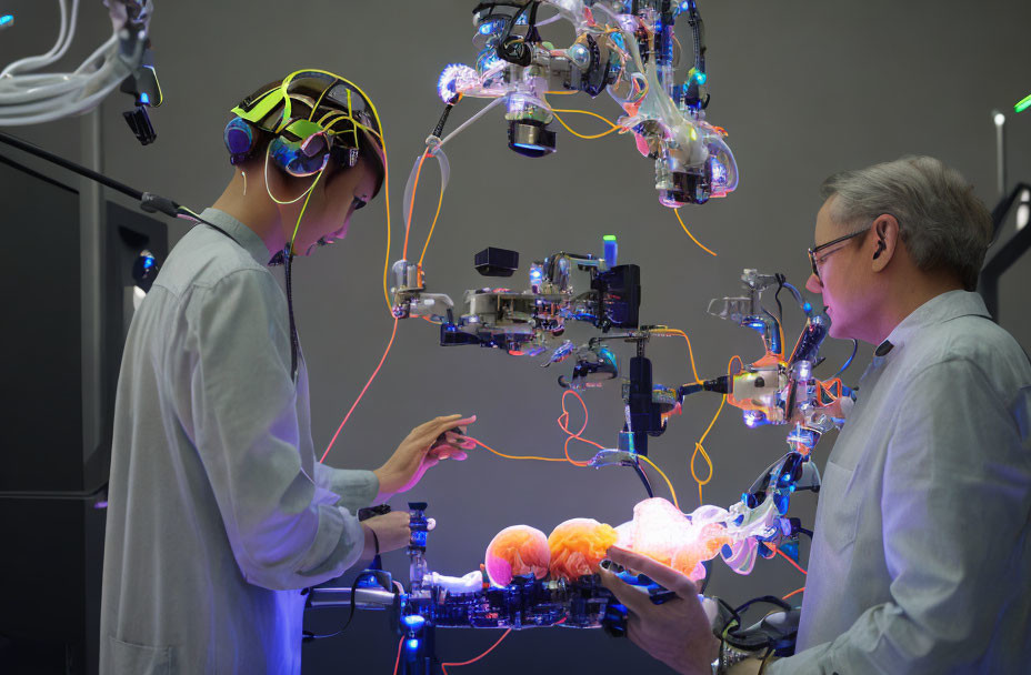 High-Tech Lab Scene: Person with Brainwave Headset Interacting with Complex Device