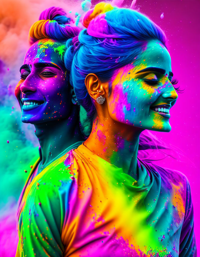 Two women with vibrant colored powder on their faces in festive setting