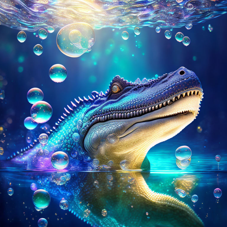 Blue and Gold Crocodile Emerging from Water Digital Illustration