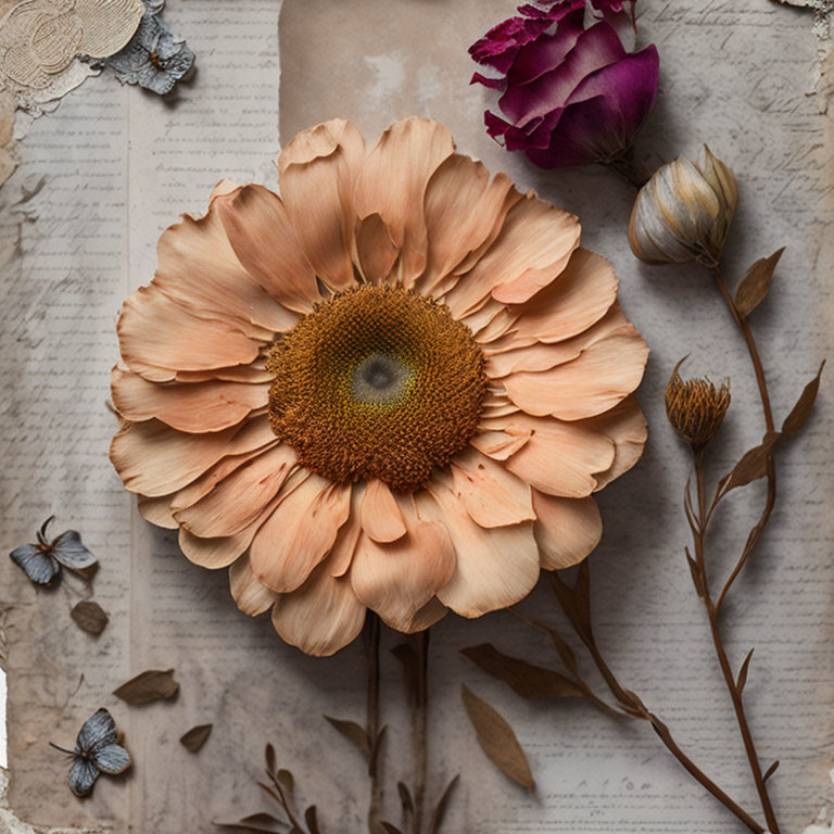 Peach-Colored Flower with Golden Center Surrounded by Vintage Paper and Purple Rose