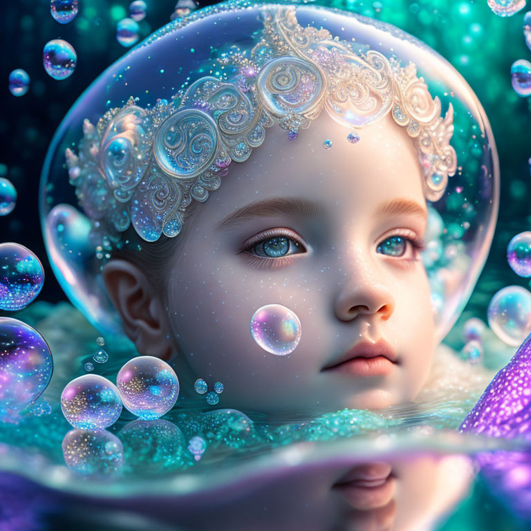 Child's face with ornate headpiece in digital artwork on teal background