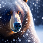 Brown bear's face in snowy environment with falling snowflakes