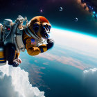 Digital Image: Astronaut Monkey in Space Suit Floating Above Earth