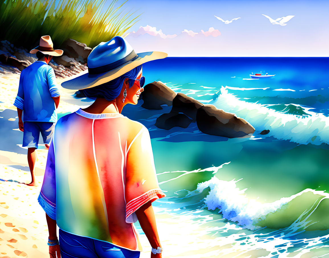 Colorful beach scene with woman in sunhat, man walking, boat, and seagulls.