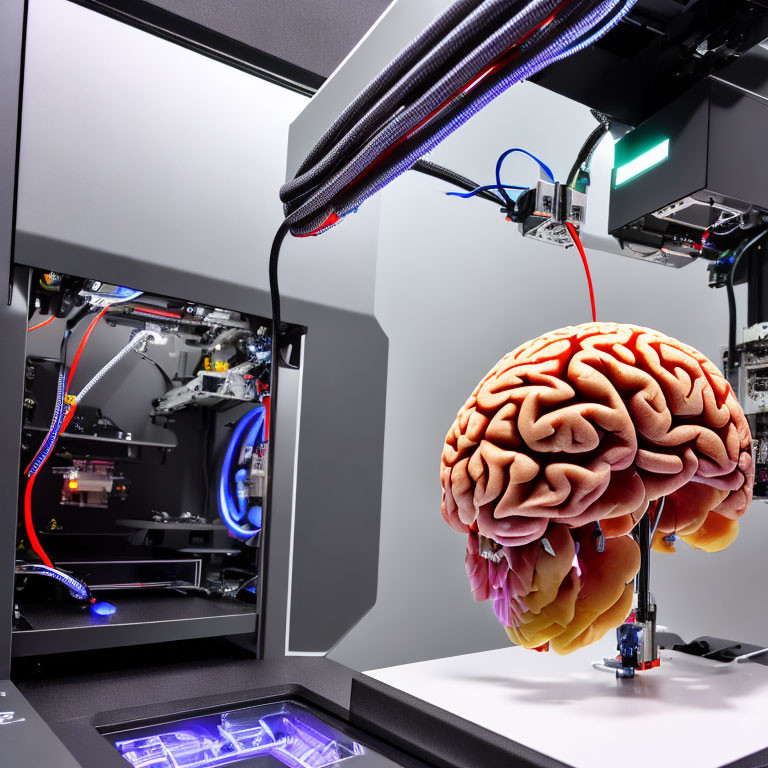 Advanced Lab Setup with Robotic Arm and Human Brain Model Manipulation