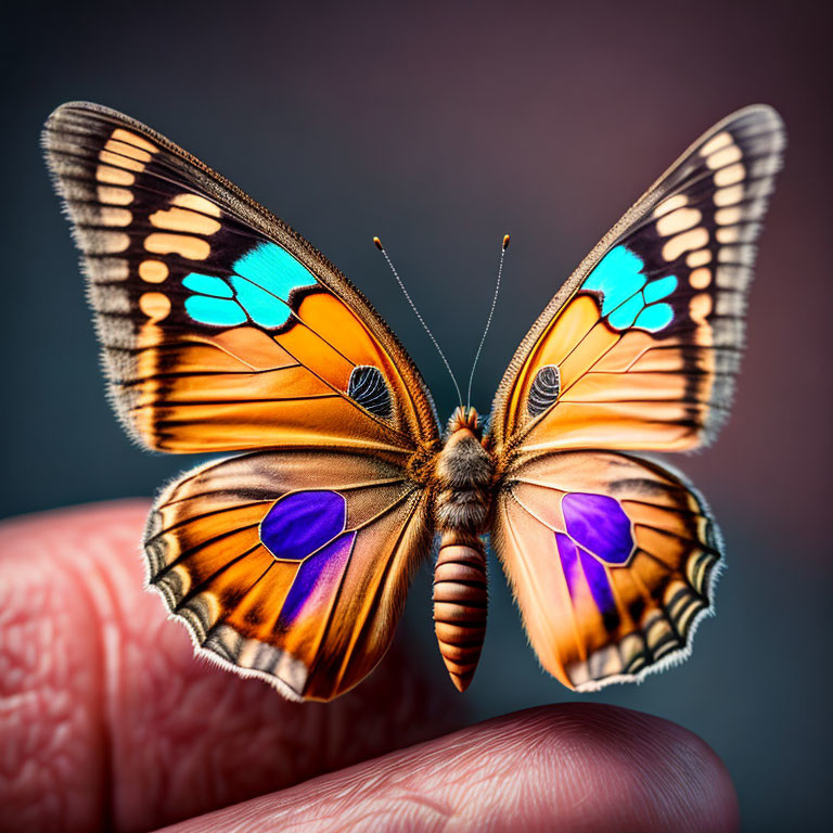 Colorful Butterfly Perched on Finger with Vibrant Patterns