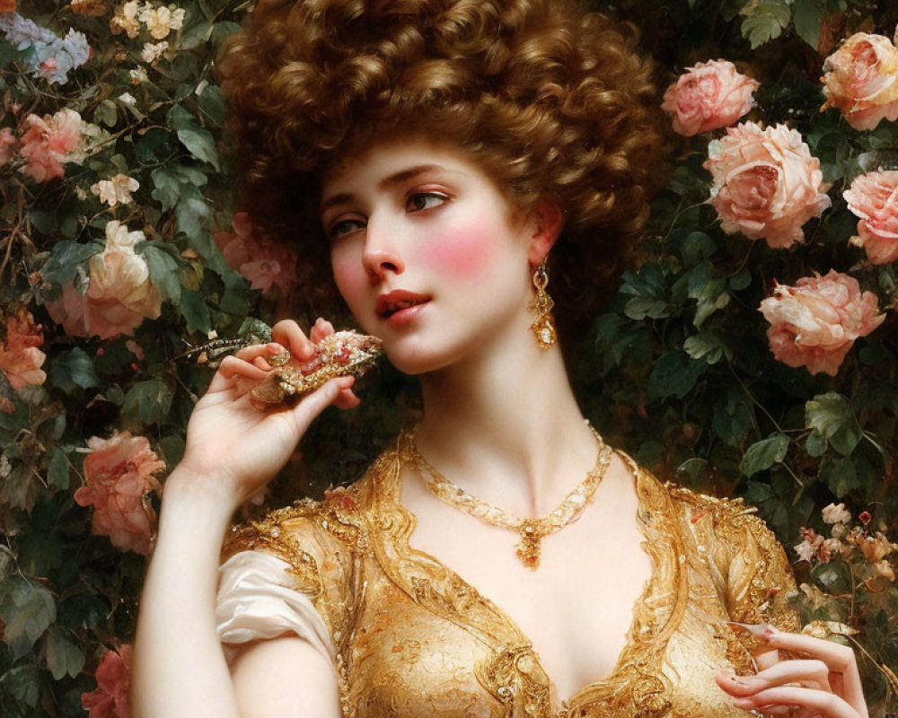 Elaborate Hairstyle Woman in Gold Dress Surrounded by Roses