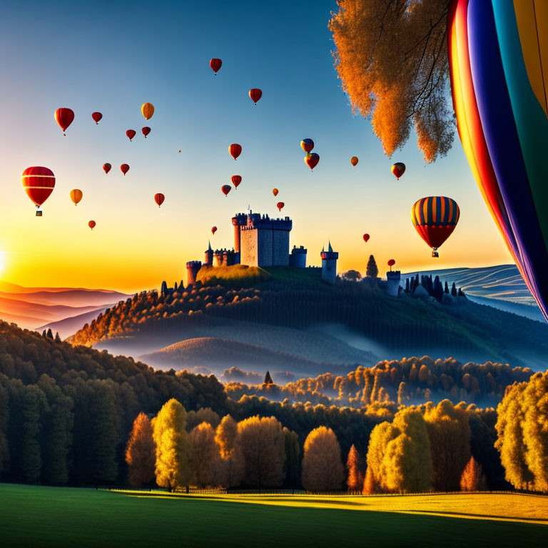 Autumnal landscape with hot air balloons above castle and forest.
