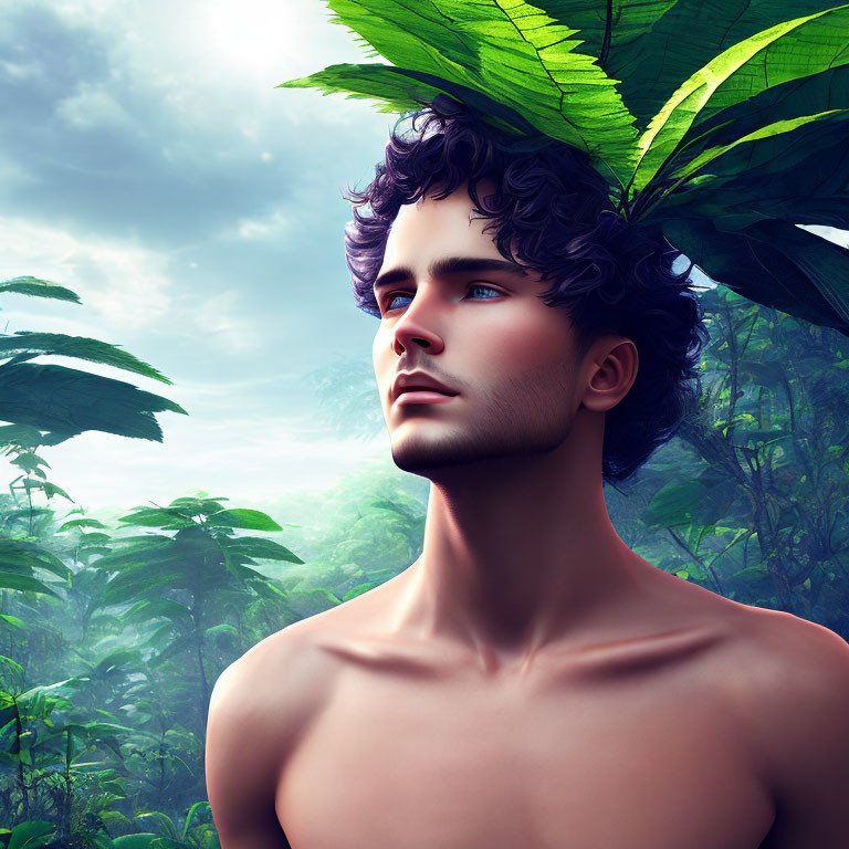 Male Figure with Purple Hair and Green Leaf in Jungle Setting