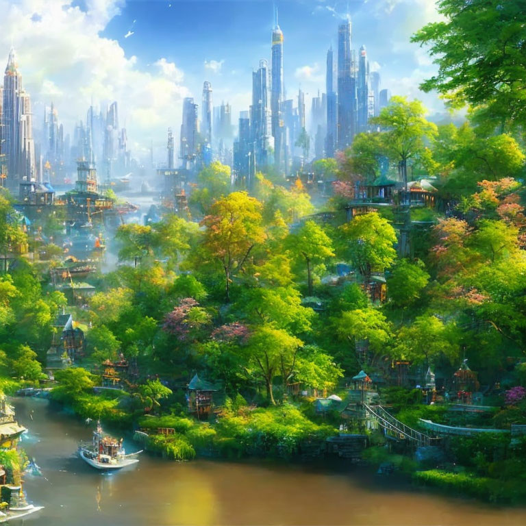 Futuristic cityscape with greenery, traditional architecture, and river boats