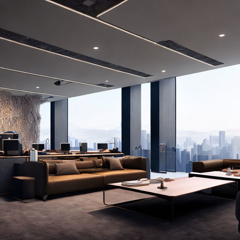 Contemporary Office Lounge with City View & Stylish Decor