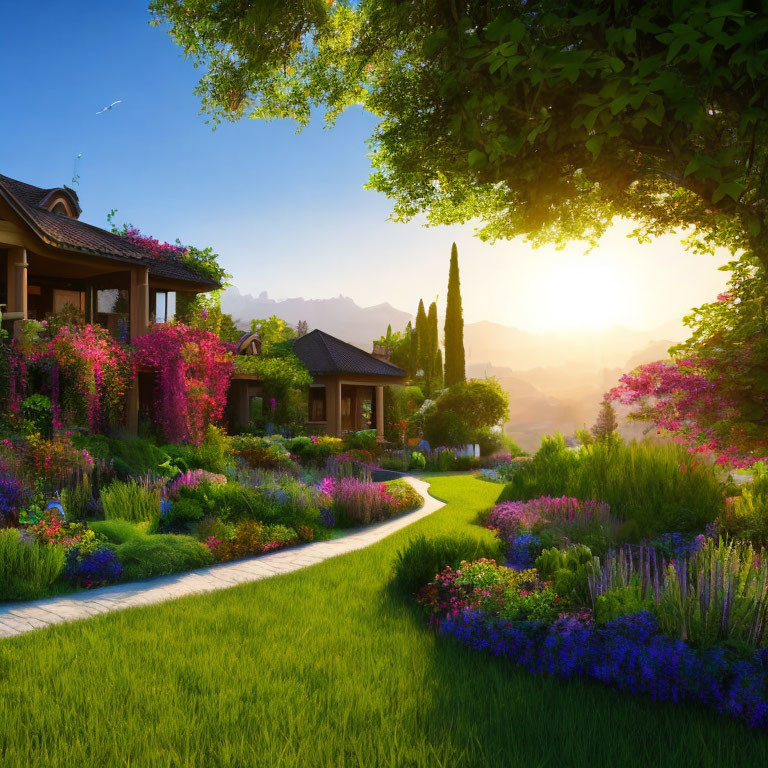 Country House with Lush Gardens and Mountain Sunset
