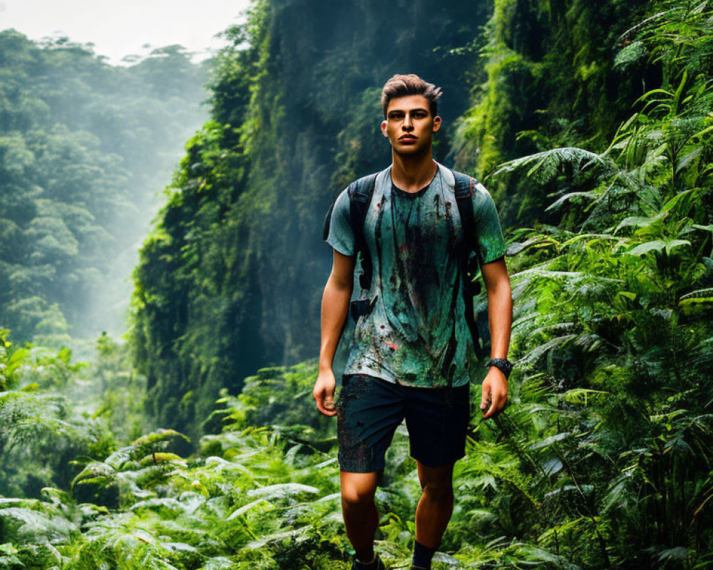Young man with backpack in misty forest greenery