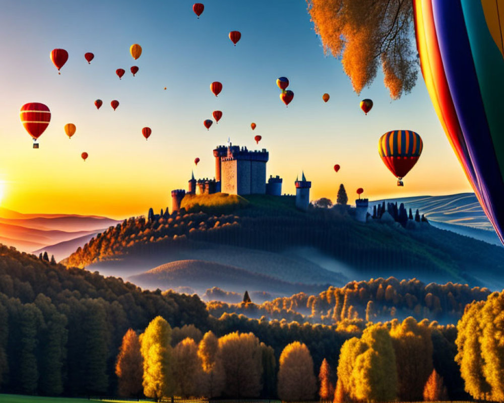 Autumnal landscape with hot air balloons above castle and forest.