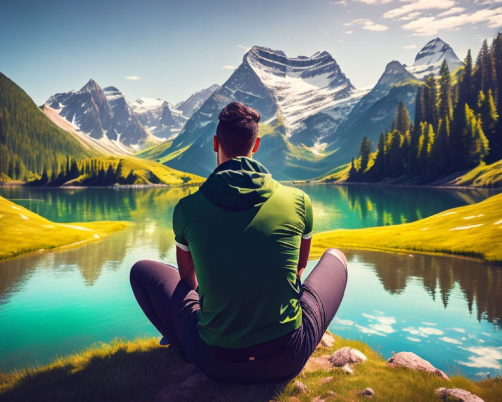 Person admires mountain lake with snow-capped peaks and lush greenery