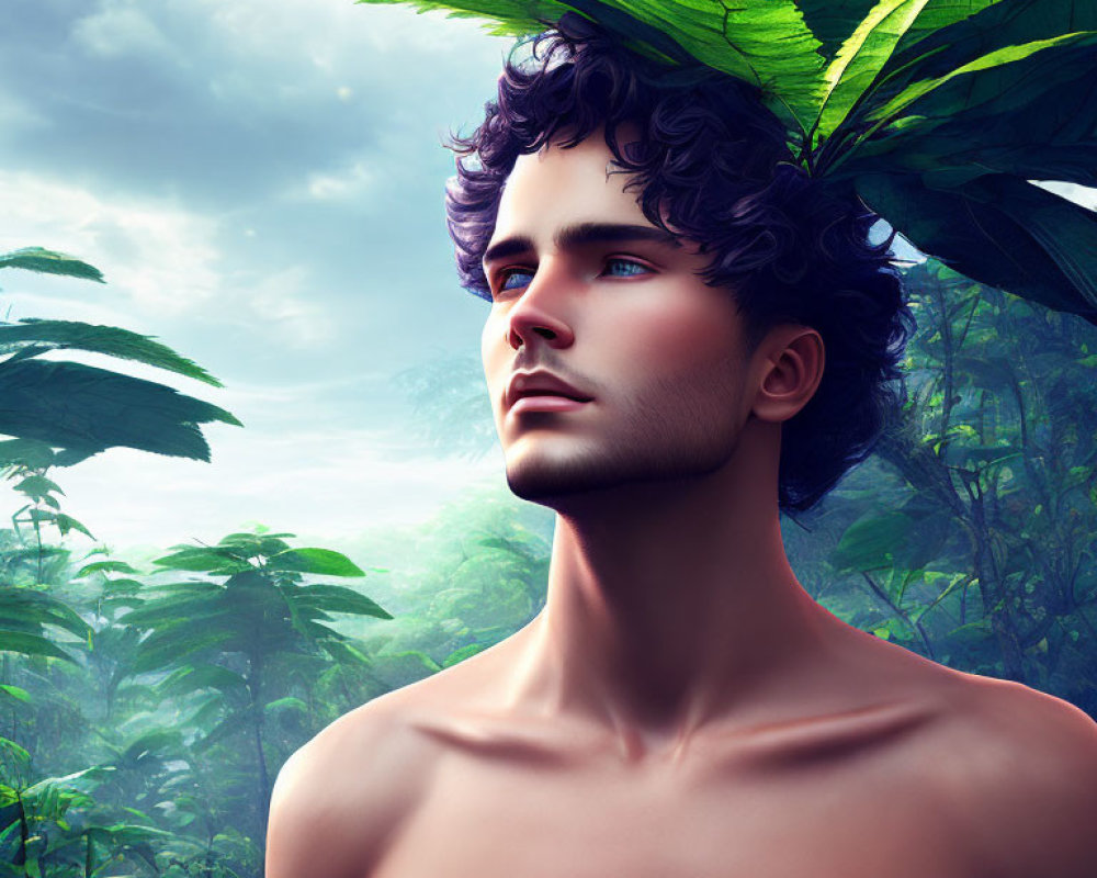 Male Figure with Purple Hair and Green Leaf in Jungle Setting