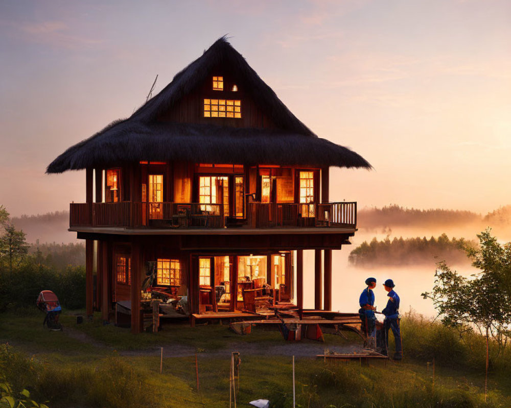 Two-story wooden house at dawn with warm interior lights and mist-covered landscape.