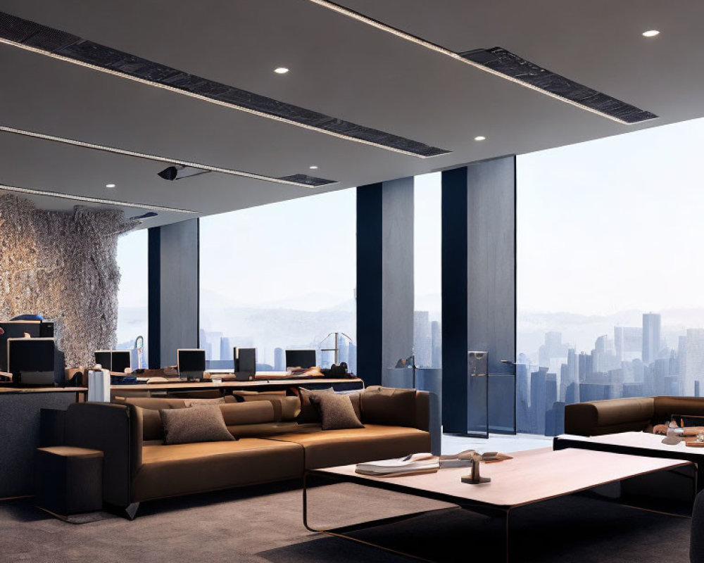 Contemporary Office Lounge with City View & Stylish Decor