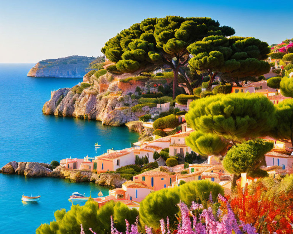 Scenic coastal landscape with flowers, terracotta houses, trees, and sea boats