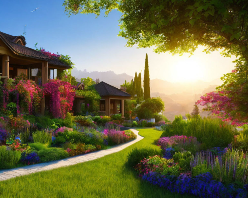 Country House with Lush Gardens and Mountain Sunset