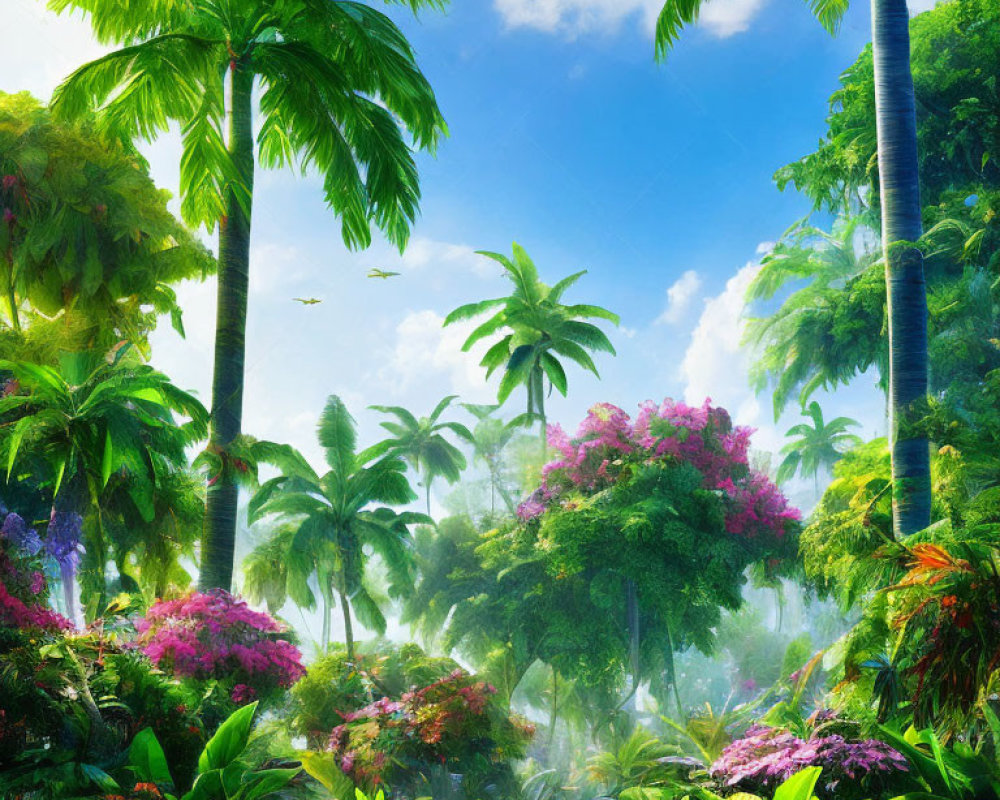 Tropical Jungle Scene with Palm Trees, Flowers, Greenery, and Birds