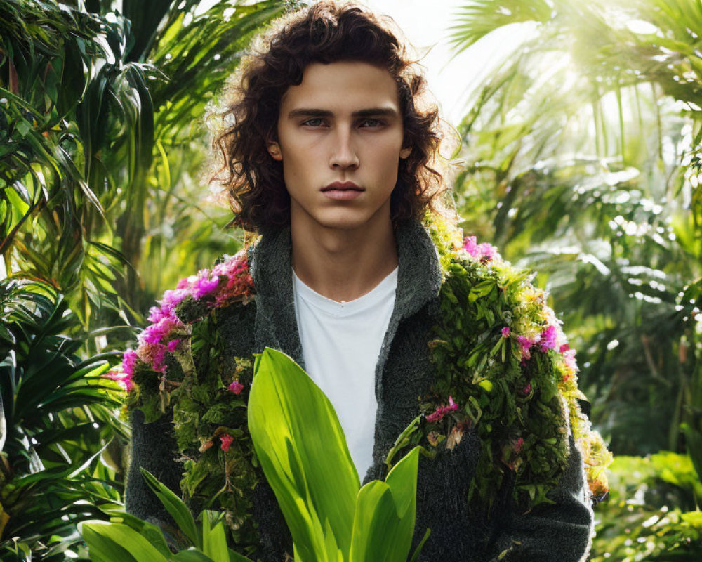 Curly-Haired Young Man in Green Floral Jacket Surrounded by Lush Foliage
