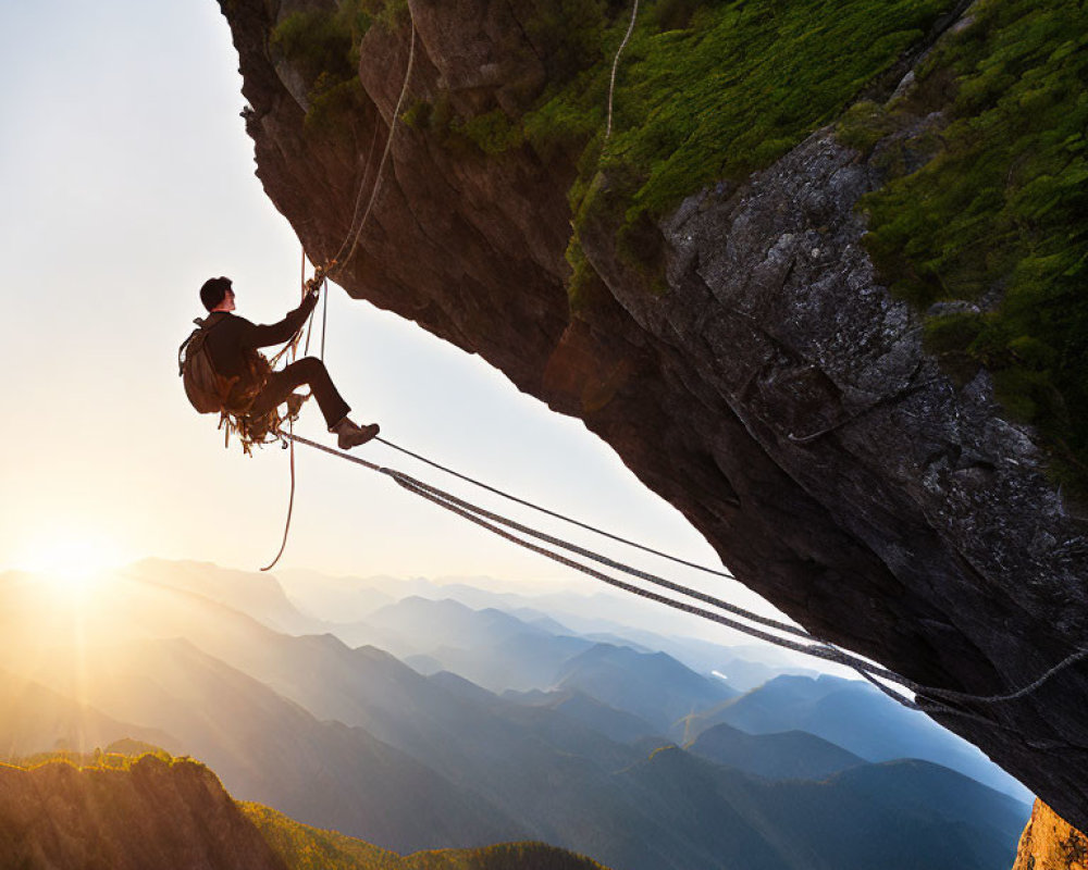 Climber on highline beneath rocky outcrop at sunset